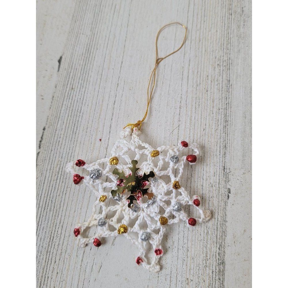 Handmade snowflake red gold glitter ornament Xmas decor